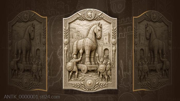 Trojan Horse - walls of Troy and Achaean warriors 3d STL model