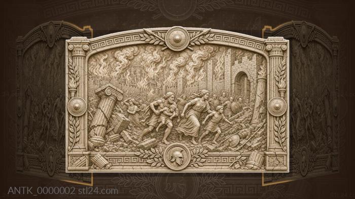 Fall of Troy - city in flames and fleeing families 3d STL model