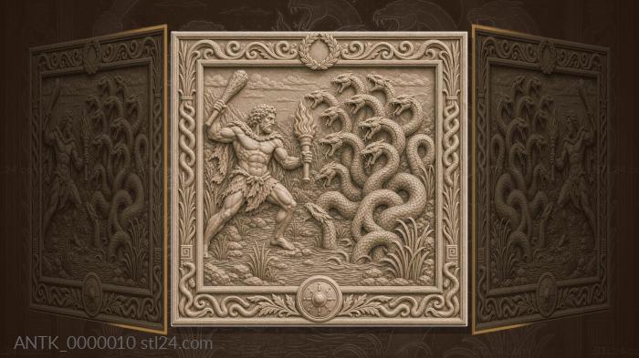 Hercules and the Lernaean Hydra - multi-headed snake and torch 3d STL model