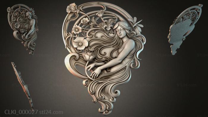 Female face with wavy hair and flowers bas-relief 3d STL model