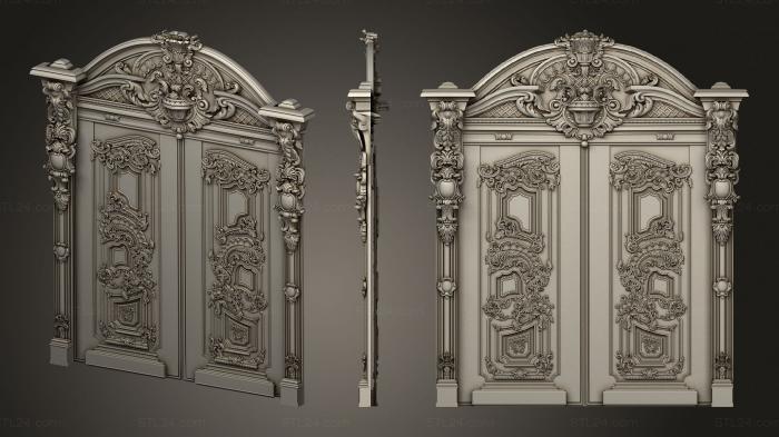 Двупольная резная дверь в стиле барокко с наличником и аркой