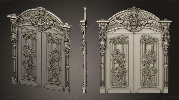 Двери резные (Двупольная резная дверь в стиле барокко с наличником и аркой Версия 2 DVR 0120, DVR_0414) 3D модель для ЧПУ станка