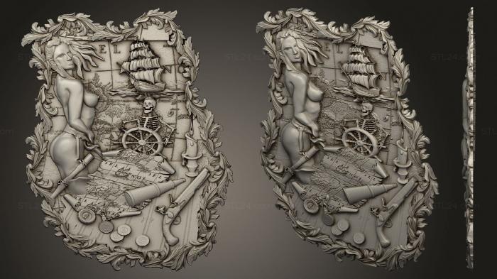 High reliefs and bas-reliefs of fantasy (Naked woman pirate boat cnc frame, GRLFF_0191) 3D models for cnc