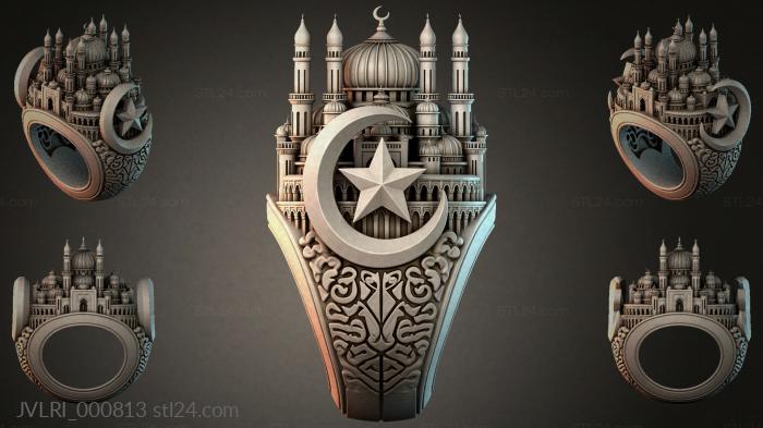 Islamic ring with a mosque, moon, and star 3d STL model