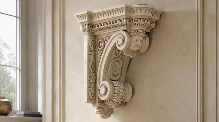 Brackets of different styles (Bracket with angel head and scrolls, KRI_004890) 3D models for cnc