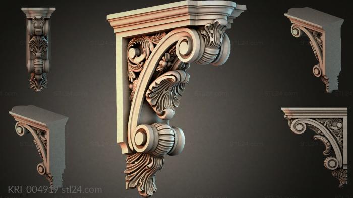 Console with volutes and acanthus leaves. Spiral bracket with carved decor. Architectural bracket with curls. 3d STL model