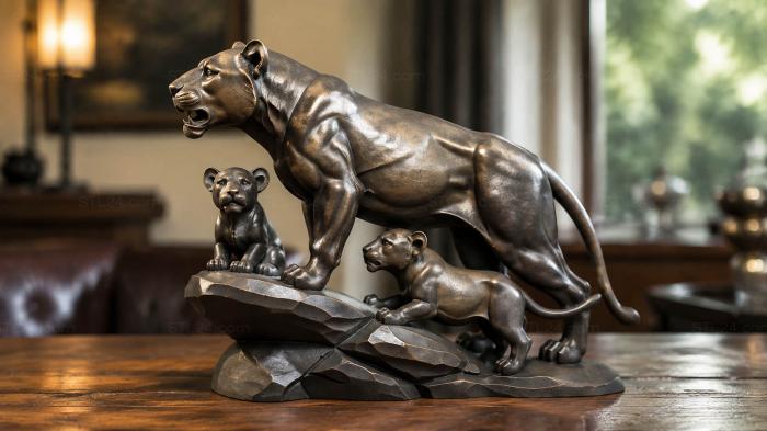 Panther with cubs on a rock 3d STL model