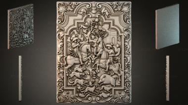 Different types of backgammon A panel with a bas-relief hunting scene with horsemen and animals in an ornamental frame 3d model