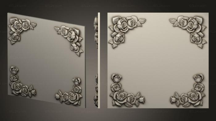 Square panels (Rose decor in the corners of a square panel, PN_0349) 3D models for cnc