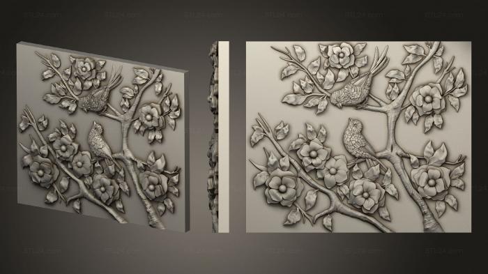 Панно художественные (Фасад птички на ветке сакуры, PH_0557) 3D модель для ЧПУ станка