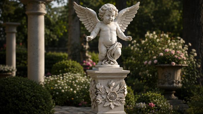 Sculpture of a putti angel on a decorative column with a floral capital 3d STL model