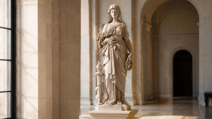 Statue of a woman in a long dress with a bouquet of flowers and a torch 3d STL model