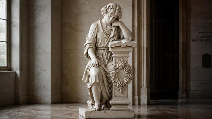 Statue of a woman with a book and a flower garland on a pedestal 3d STL model