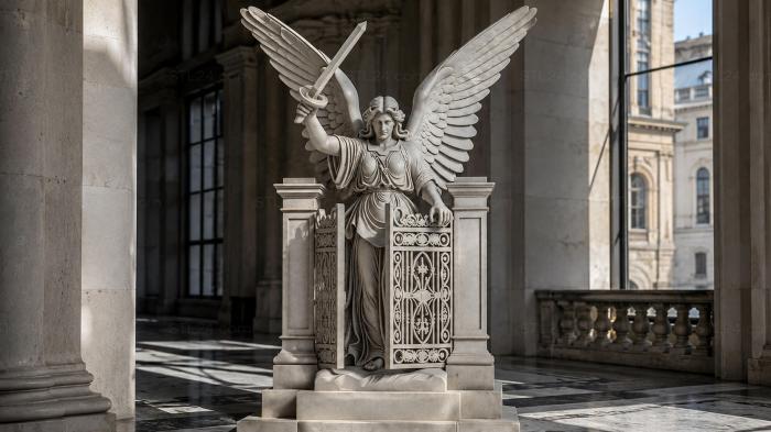 Winged angelic figure with sword on pedestal 3d STL model
