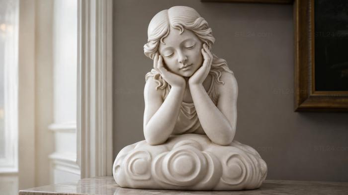 Bust of a pensive girl with curls on a cloud 3d STL model