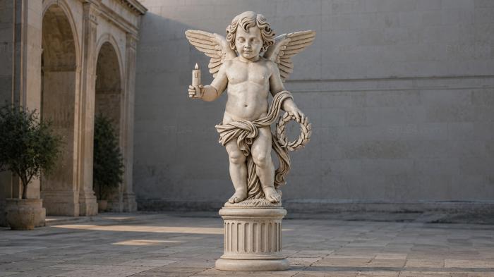 Angel with wings on a pedestal with a candle and a laurel wreath 3d STL model