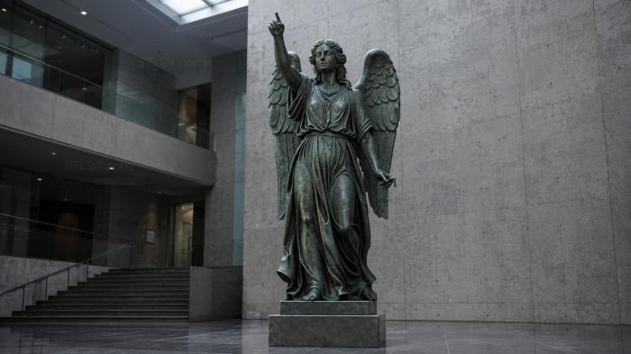 Angel with wings in a long dress with a raised hand 3d STL model