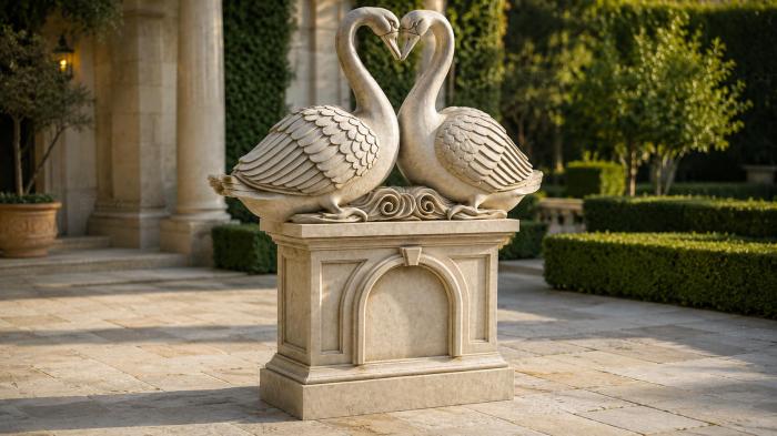 Two swans with a heart on a pedestal with a decorative arch 3d STL model