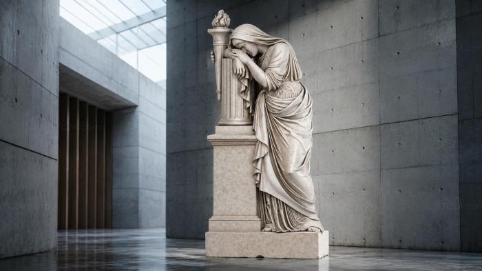 Female statue with torch and column 3d STL model