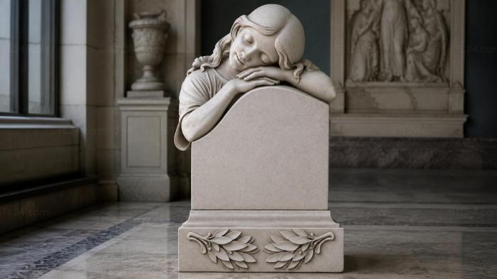 Bust of a sleeping girl on a pedestal with foliate ornamentation 3d STL model