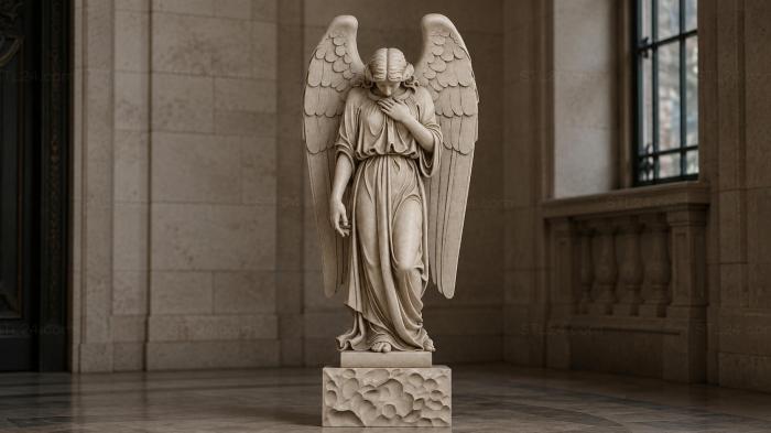 Angel with wings in a long dress with a sorrowful expression 3d STL model