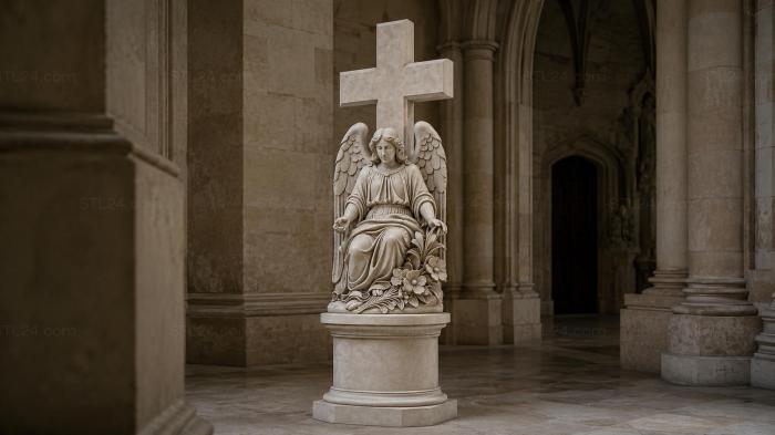 Monument of a winged angel with a cross on a pedestal 3d STL model