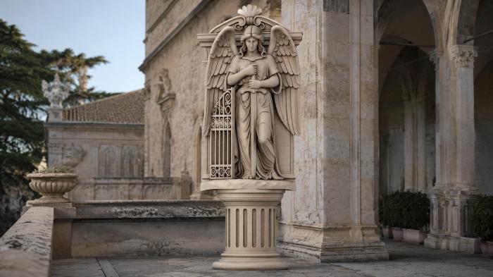 Angel with a trumpet on a column with classical volutes 3d STL model