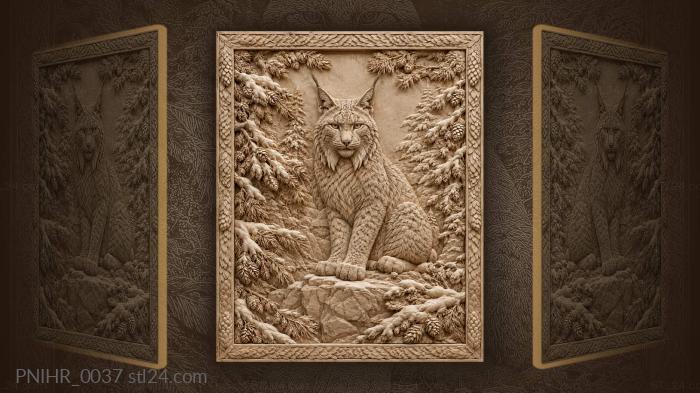 Lynx on a boulder among snowy pines 3d STL model