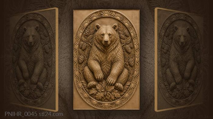 Bear seated among cones and branches 3d STL model