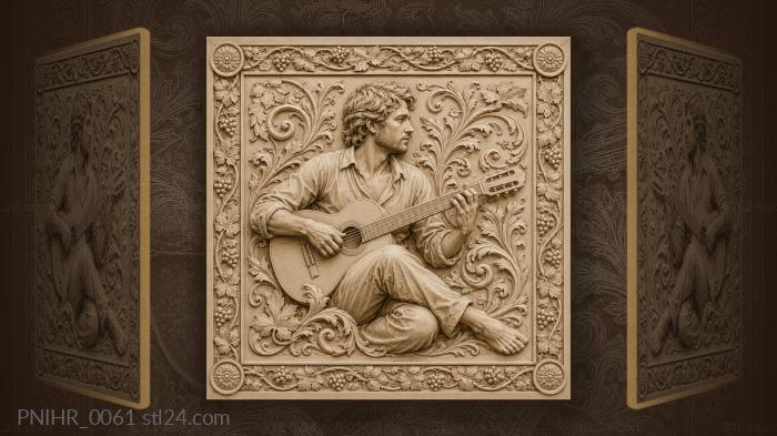 Guitarist seated among floral scrolls 3d STL model