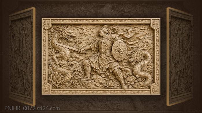 Warrior flanked by two dragons 3d STL model