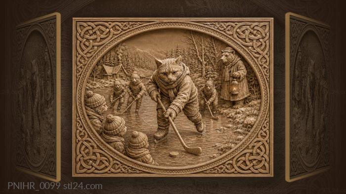 Cats playing hockey on the frozen lake 3d STL model