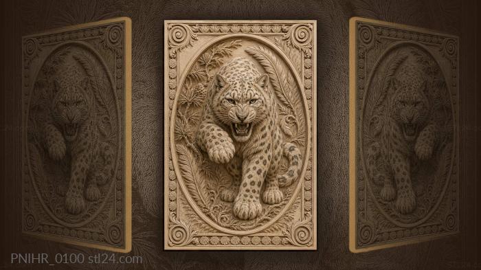 Snow leopard among pine and feathers 3d STL model