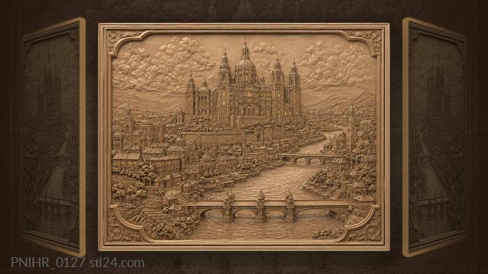 Cathedral towers above a river bend 3d STL model