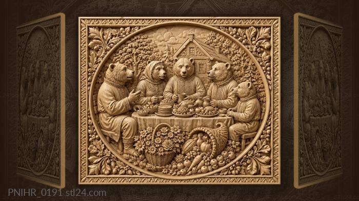 Bears in folk dress at a laden table 3d STL model