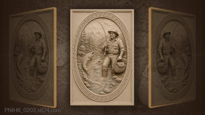 Angler in waders with a wicker creel 3d STL model