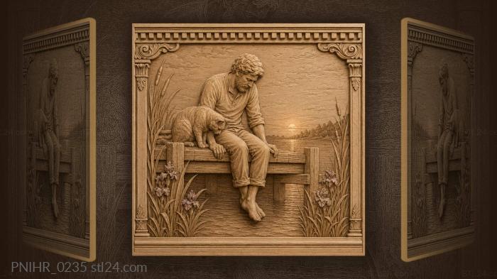 Cat on pier sunset reeds flowers 3d STL model
