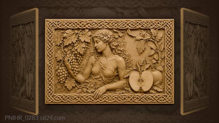 Halved apple beside a grape cluster 3d STL model