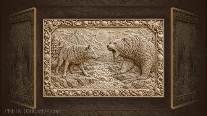 Bear and wolf under a full moon 3d STL model