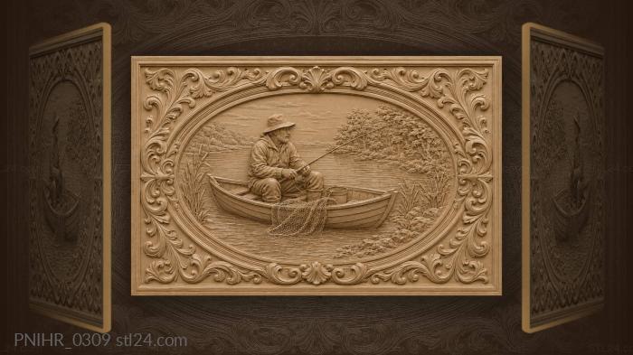Angler in a boat with net and bucket 3d STL model