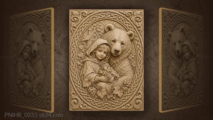 Child holding grapes beside a friendly bear 3d STL model