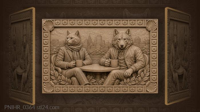 Cat and wolf tea party 3d STL model