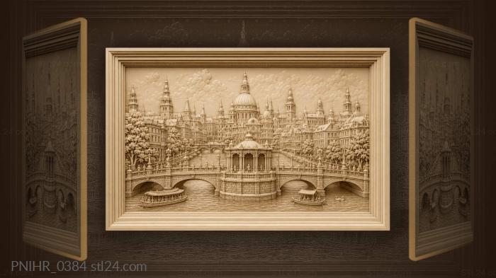Riverside town with bridges and passers-by 3d STL model