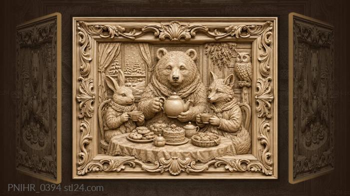 Bear pours tea by a snowy window 3d STL model