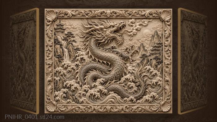 Black dragon roaring above the pagodas 3d STL model