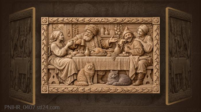 Bearded man in fur hat with cats 3d STL model
