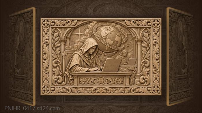 Coder beneath a globe of binary 3d STL model
