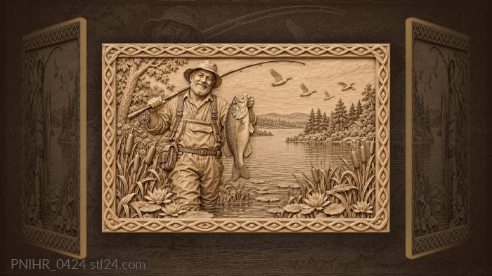 Fisherman holding a big fish among cattails 3d STL model