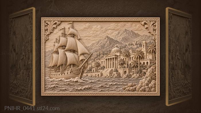 Sailing ship and coastal architecture 3d STL model