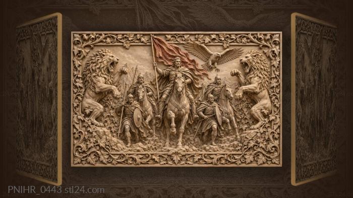Horseman with red flag between lions 3d STL model